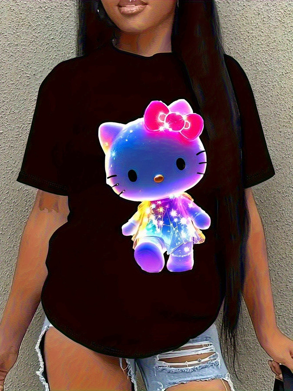 Cute  Hello Kitty Neon Glow Graphic Tee