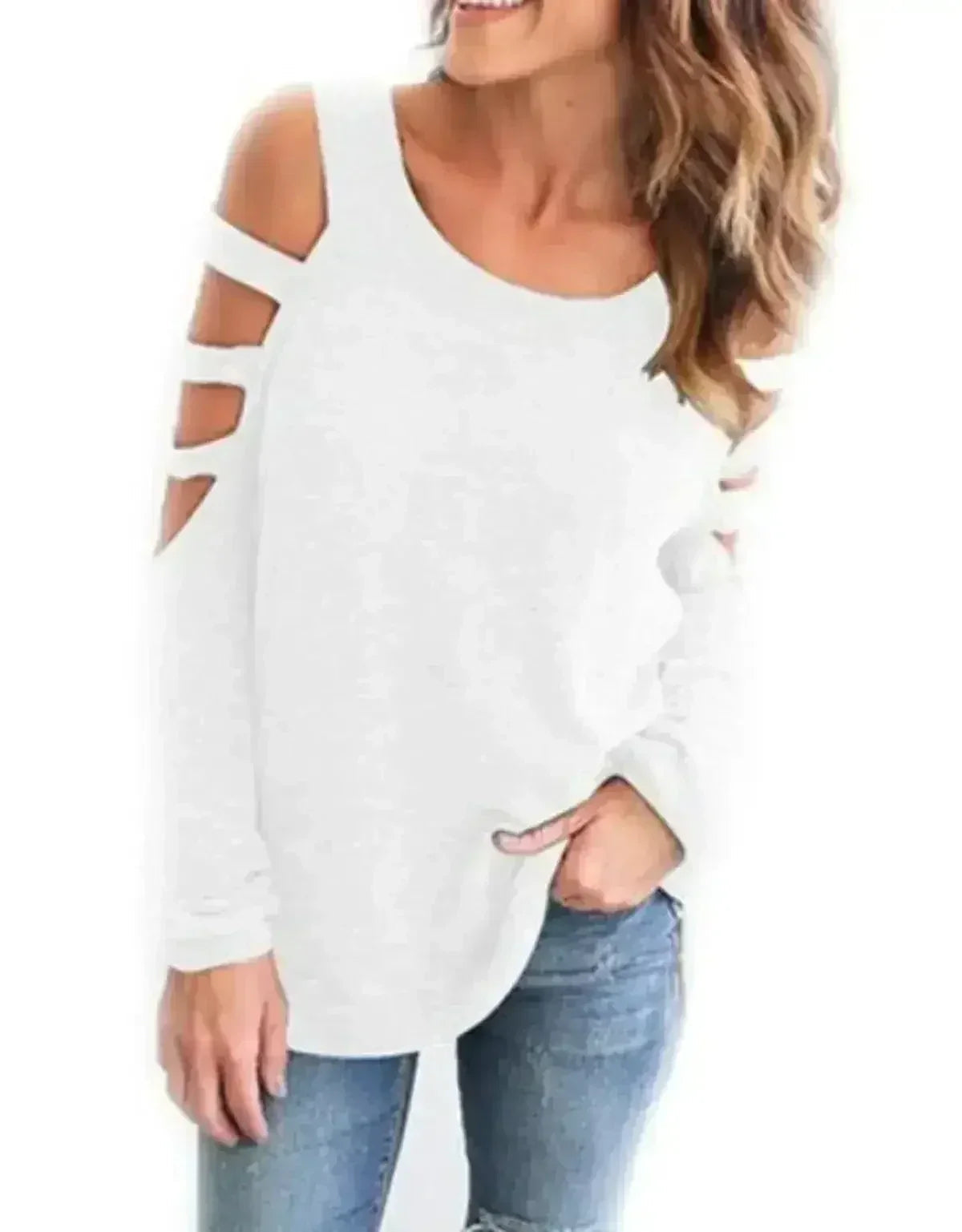 Cut-Out Shoulder Top - Trendy Long Sleeve Blouse | Femstylo