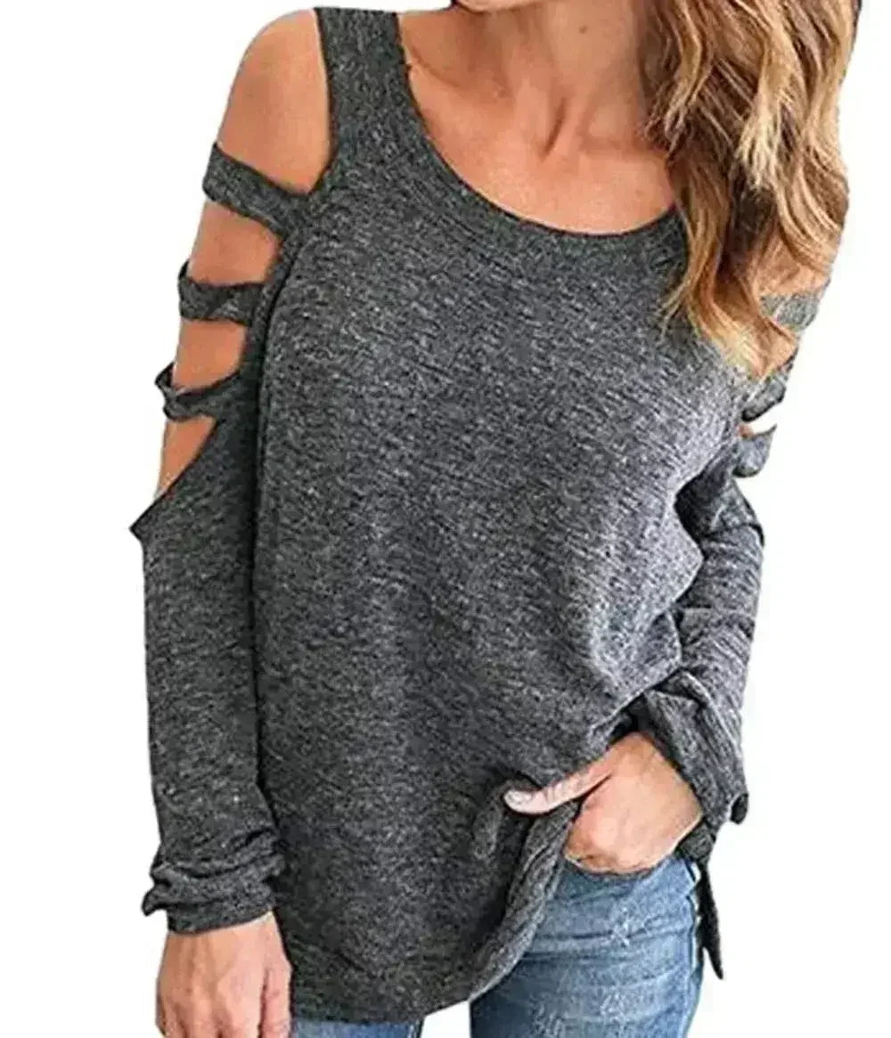 Cut-Out Shoulder Top - Trendy Long Sleeve Blouse | Femstylo